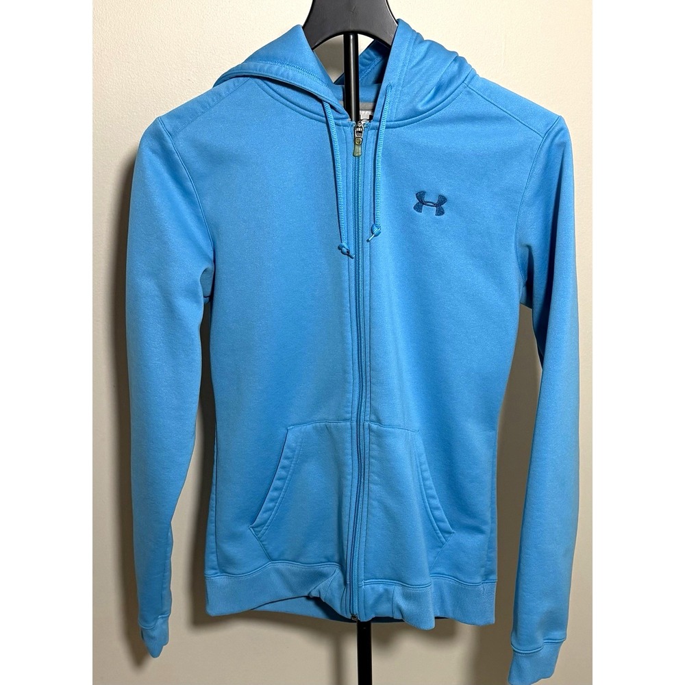 Under Armour Women's Full Zip Hooded Fleece Hoodie Blue M Logo Pockets Perfect
